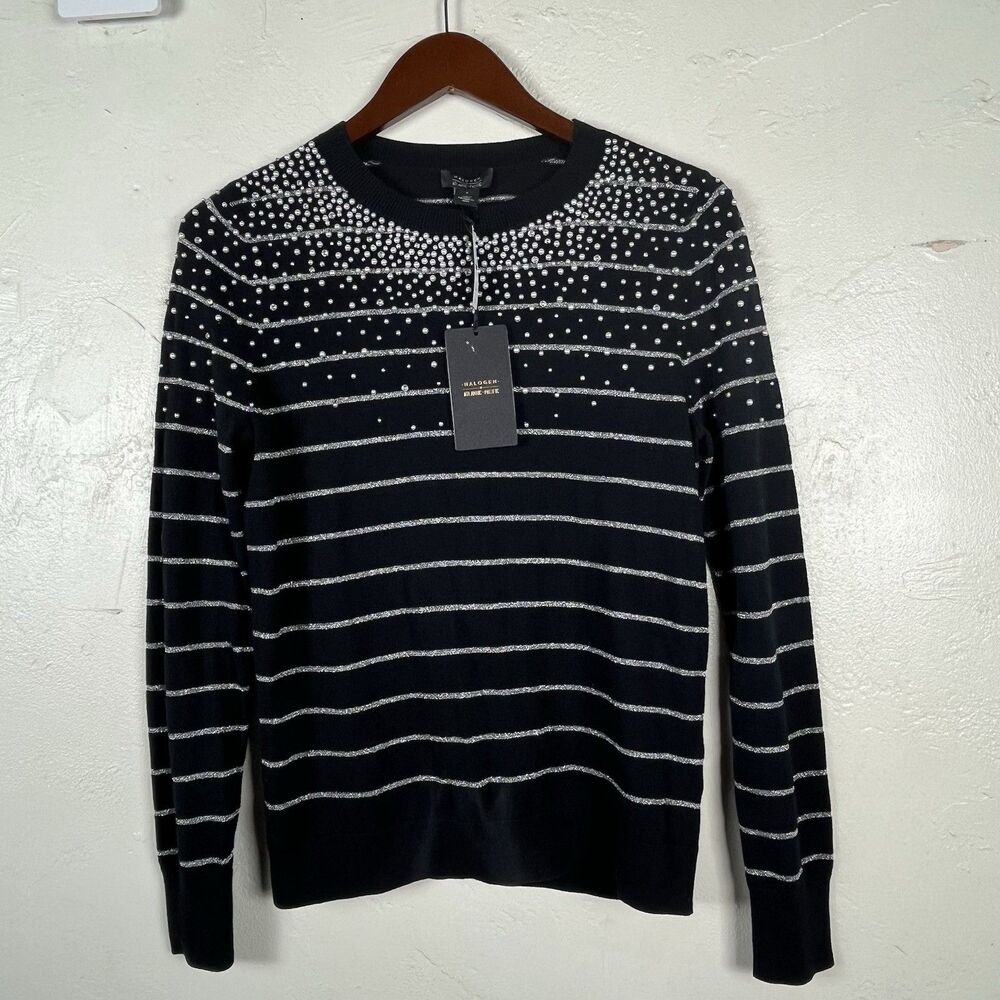 Halogen x Atlantic-Pacific Embellished Stripe Sweater Black Pearl Rhinestone - Picture 2 of 13